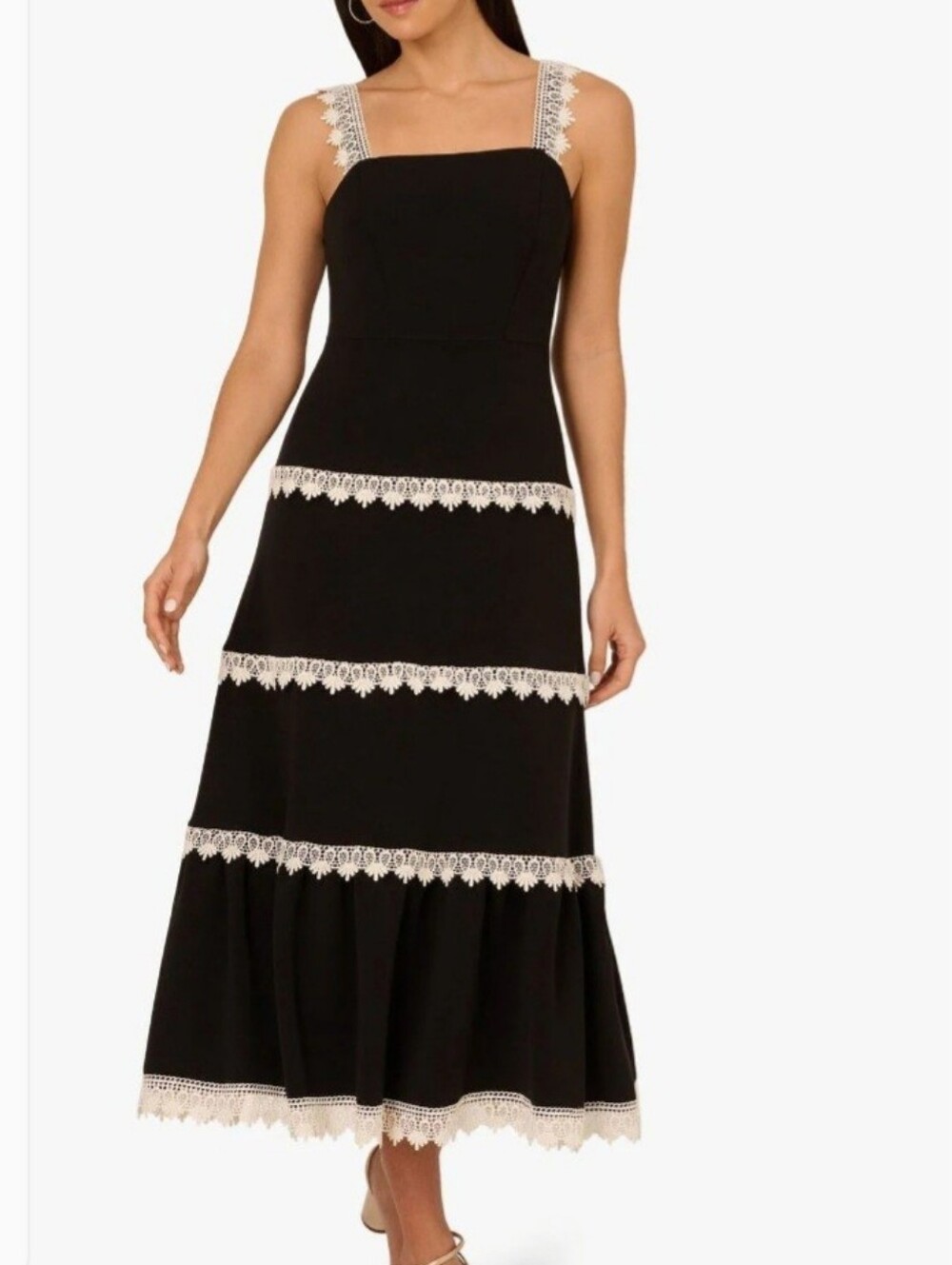 Adrianna Papell Black Crochet Lace Trim Midi Dress | Elegant Sleeveless Dress